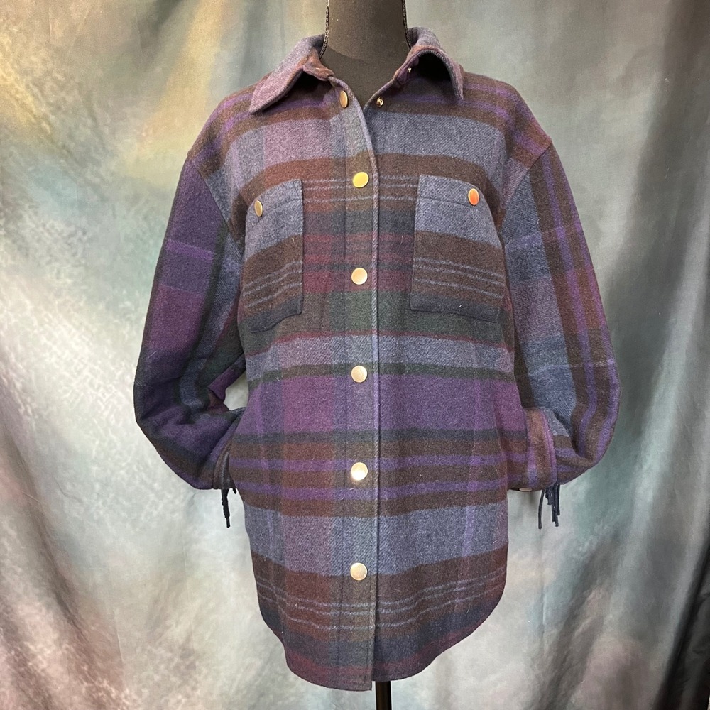 House of Harlow 1960 Plaid Fringe Shacket Jacket Women Medium Purple Blue